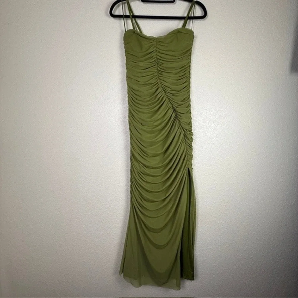 Abercrombie & Fitch Ruched Mesh Maxi Dress Avocado Green Medium Tall